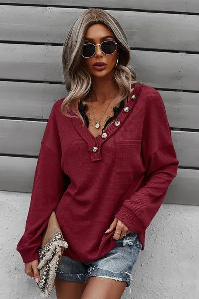 Solid V Neck Long Sleeve Knitted Sweatshirt