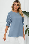 Frill Round Neck Lantern Sleeve T-Shirt