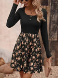Decorative Button Printed Long Sleeve Mini Dress