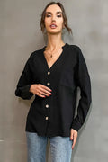 Button Front Pocket Mock V-Neck Base Shirt