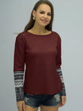 Buttoned Round Neck Long Printed Sleeve Tee