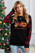PEACE LOVE HOLLOWEEN Graphic Plaid Raglan Sleeve Sweatshirt缺图