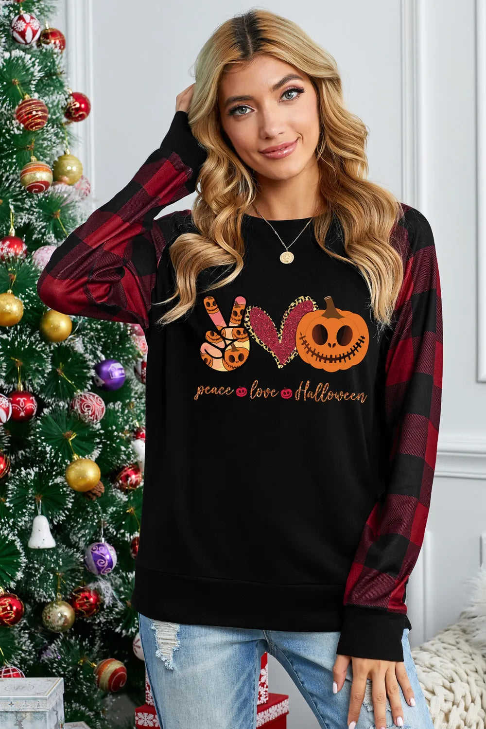 PEACE LOVE HOLLOWEEN Graphic Plaid Raglan Sleeve Sweatshirt缺图