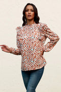 Printed Ruffle Shoulder Long Sleeve Blouse