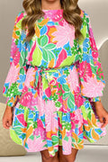 Printed Tie Waist Lantern Sleeve Mini Dress