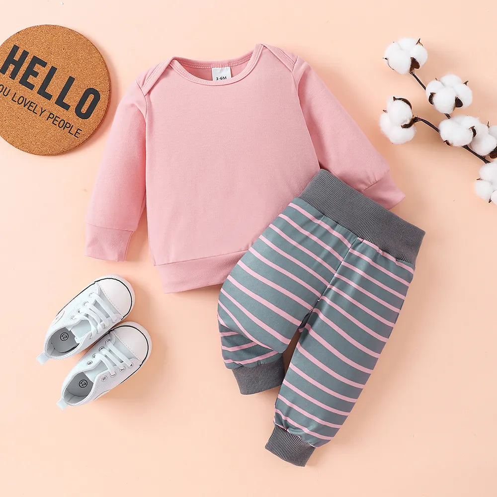Round Neck Long Sleeve Tee and Stripe Pants Set