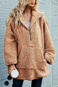 Full Size Half Zip Up Teddy Hoodie with Front Pocket