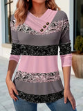 Color Block Decorative Button T-Shirt