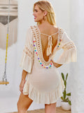 Swim Summer Beach Tassel Trim Tie Back Flounce Hem Cover Up