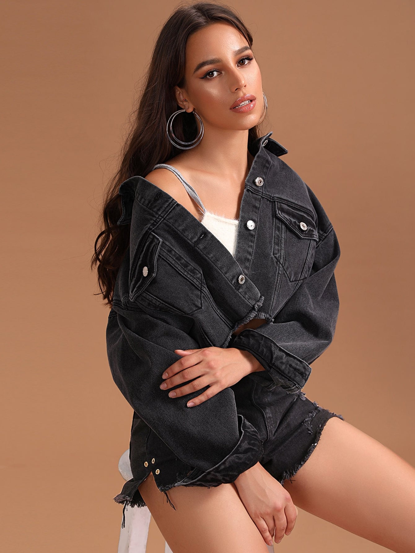 Solid Raw Hem Drop Shoulder Denim Jacket