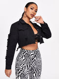 Distressed Button-Front Cropped Denim Jacket