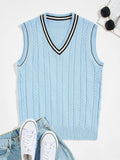 Men Striped Trim Cable Knit Sweater Vest