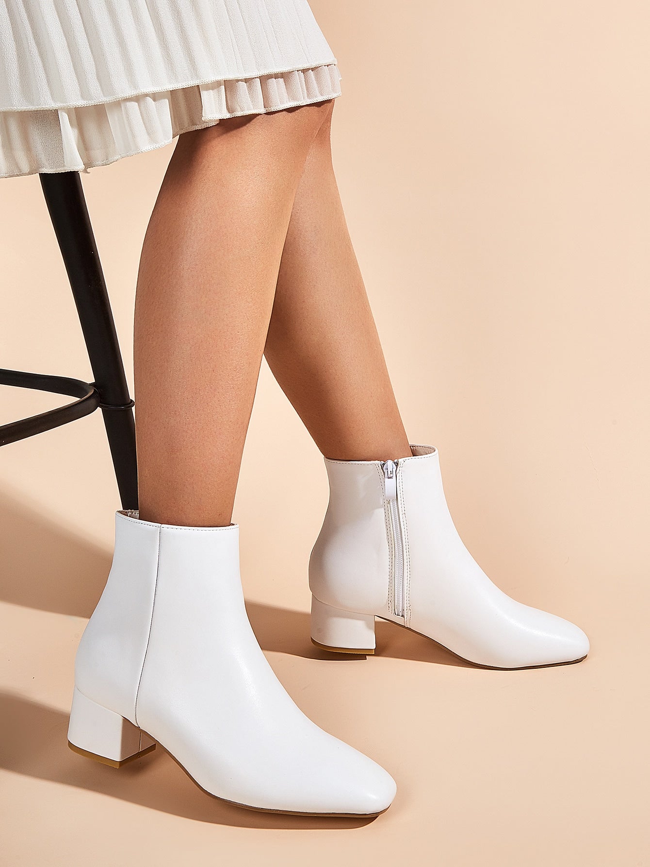 Square Toe Minimalist Chunky Heeled Boots, White Elegant Solid Color Women's Fashionable Boots