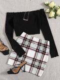 Two Piece Outfits Off Shoulder Lettuce Edge Tee And Tartan Skirt Set