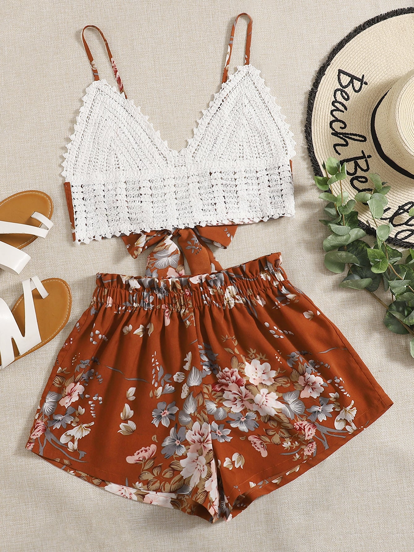 Tie Back Crochet Cami Top & Paperbag Waist Floral Shorts Set