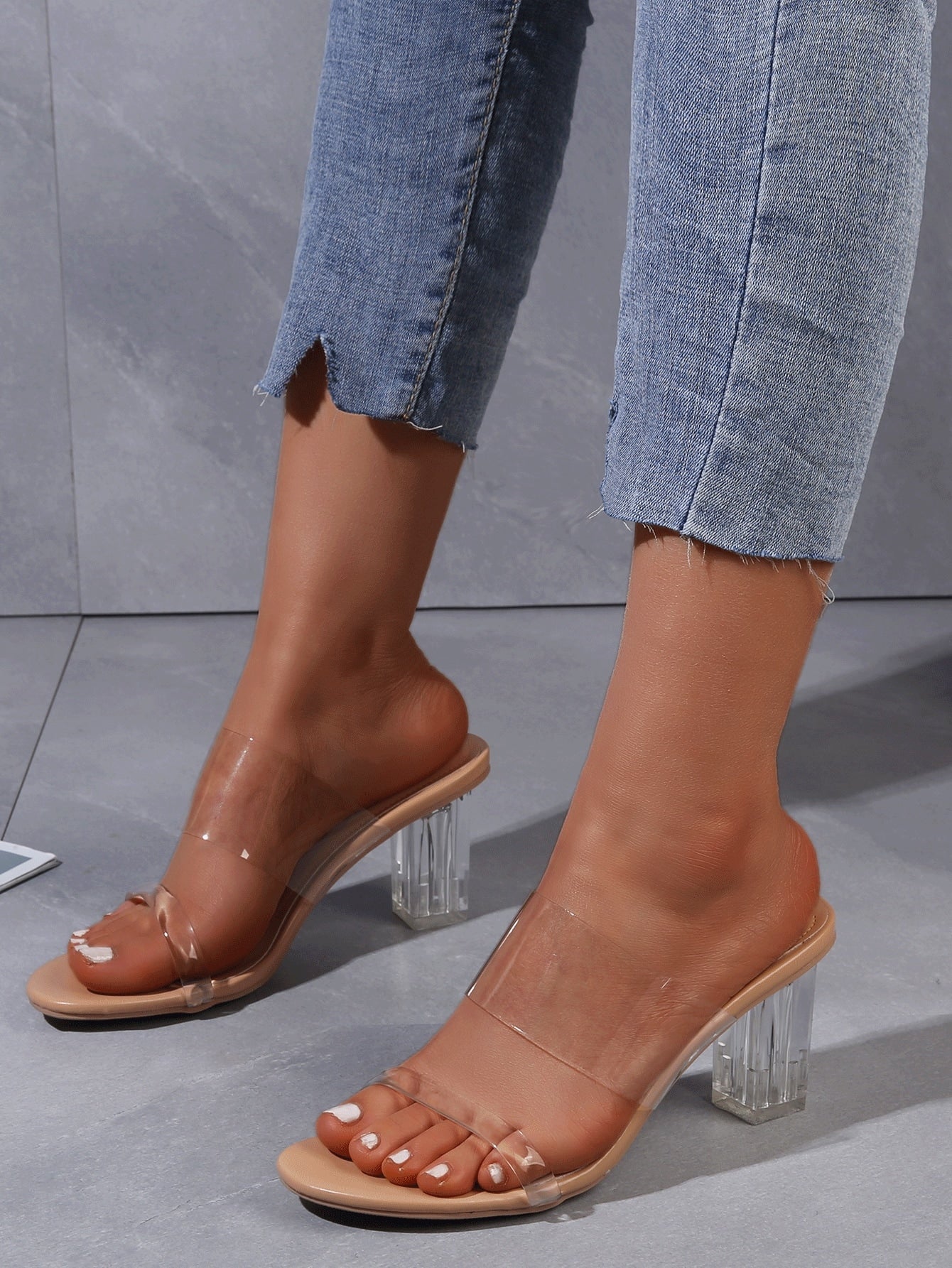 Women Clear Solid Chunky Heeled Mule Sandals, Fashion Summer Heeled Sandals