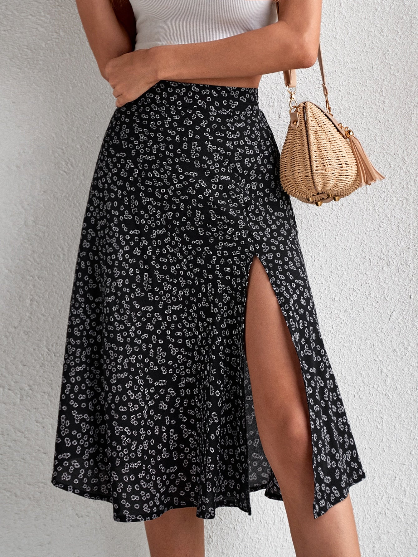 Ditsy Floral Print Split Thigh Skirt