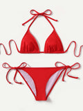 Swim Summer Beach Mono Bikini Set Halter Triangle Bra & Tie Side Bottom 2 Pieces Bikini