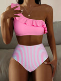 Swim Summer Beach Striped Ruffle Trim One Shoulder High Waisted Bikini