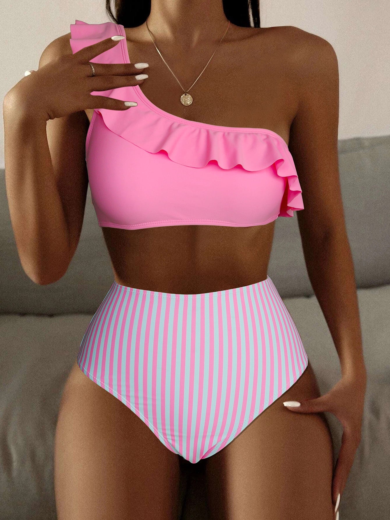 Swim Summer Beach Striped Ruffle Trim One Shoulder High Waisted Bikini