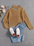 Tween Girl Cut Out Mock Neck Cable Knit Sweater