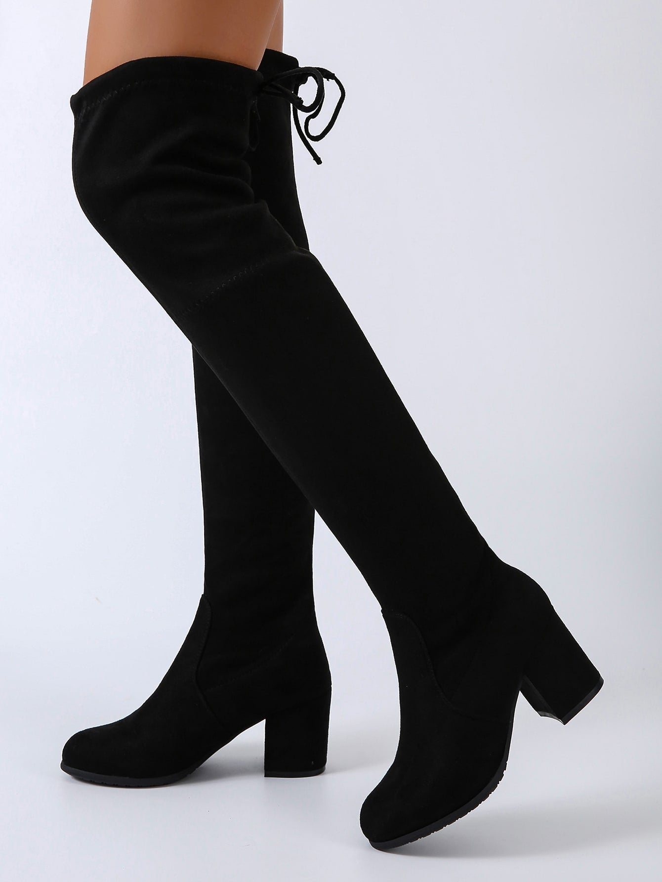 Women Black Minimalist Tie Back Chunky Knee High Heeled Boots