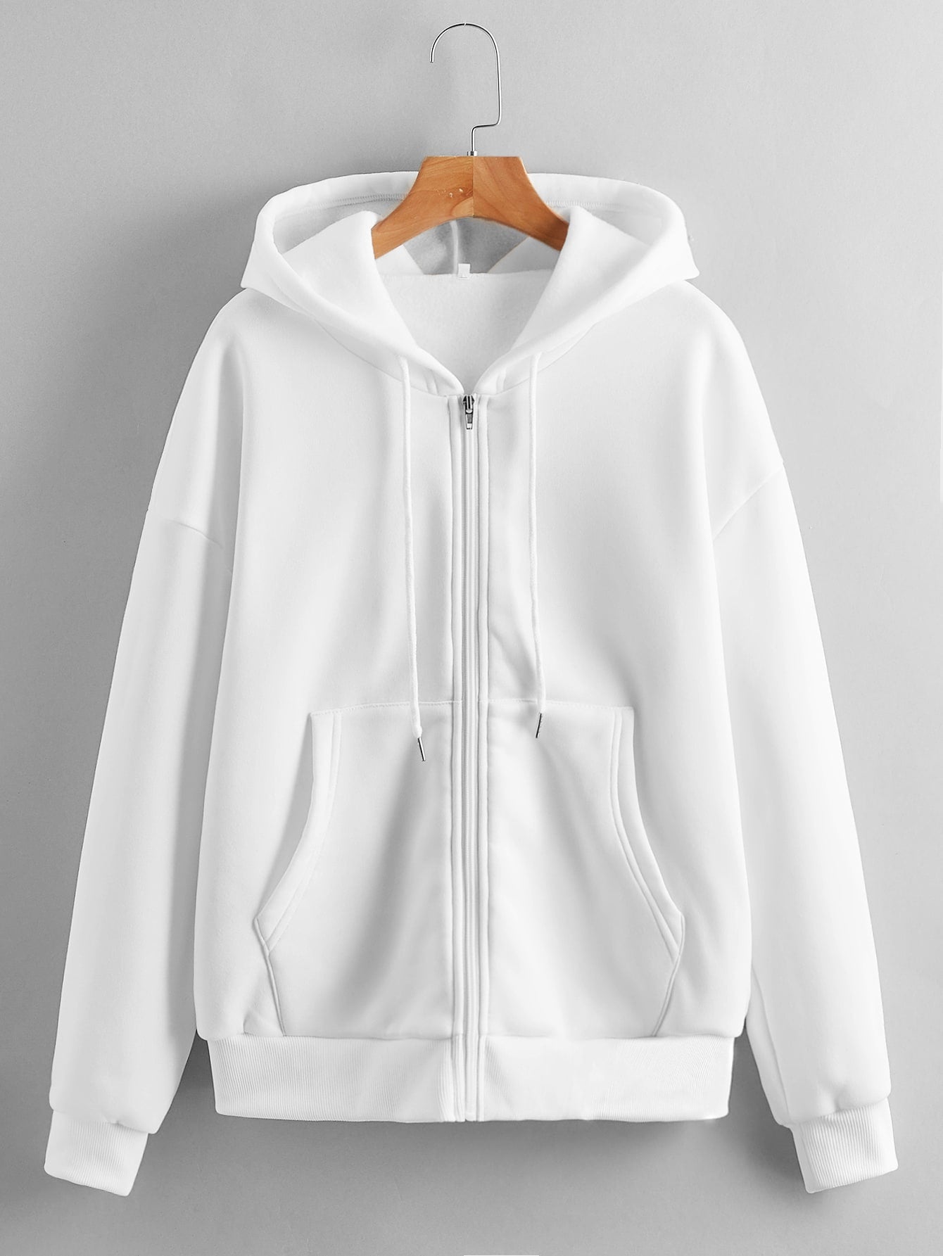 Solid Zip Up Drawstring Drop Shoulder Thermal Lined Hoodie