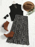 Solid Mock Neck Tank Top & Allover Print Skirt