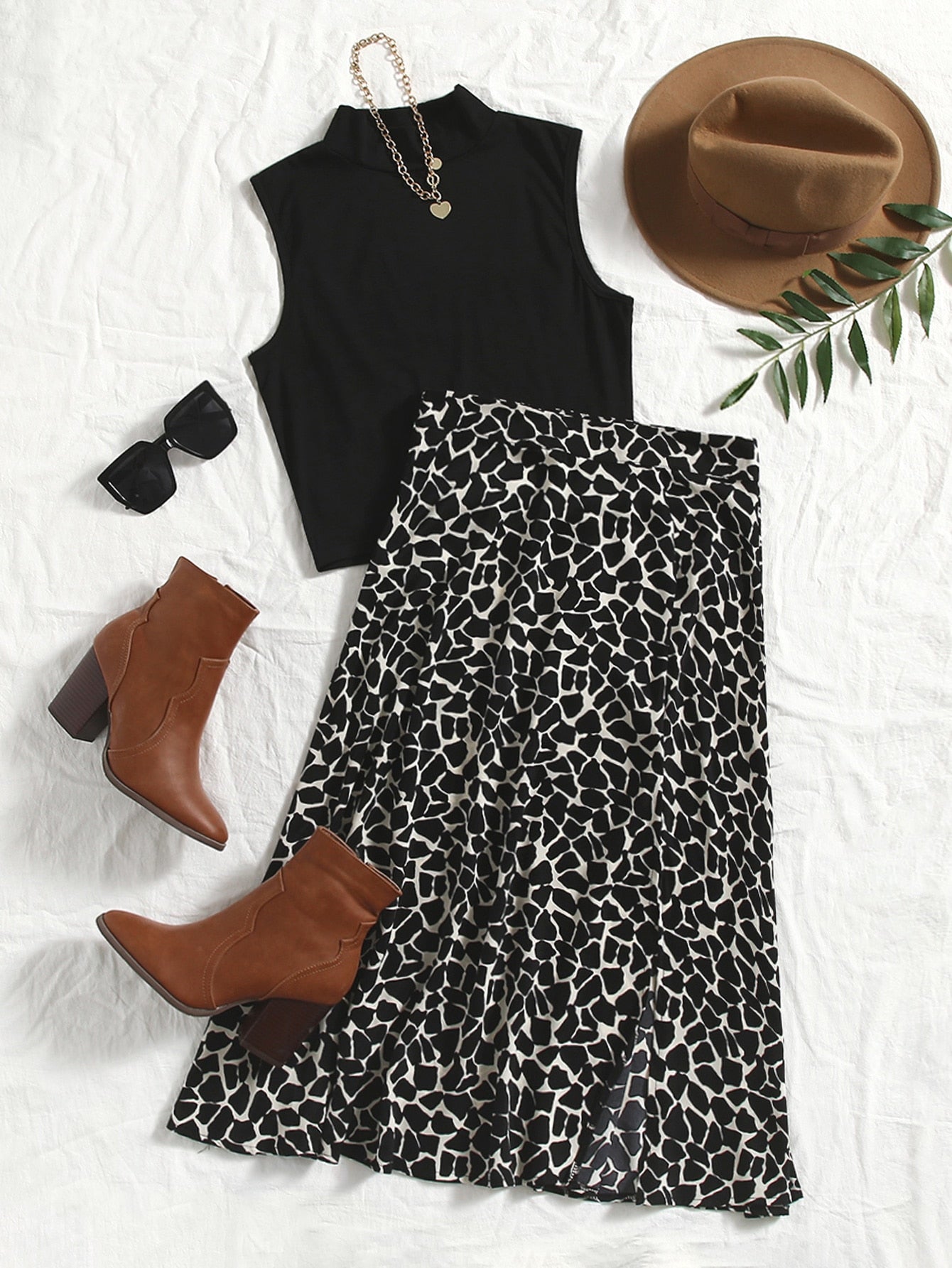 Solid Mock Neck Tank Top & Allover Print Skirt