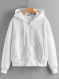 Solid Zip Up Drawstring Drop Shoulder Hoodie