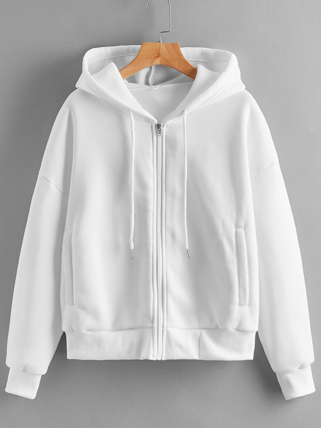 Solid Zip Up Drawstring Drop Shoulder Hoodie