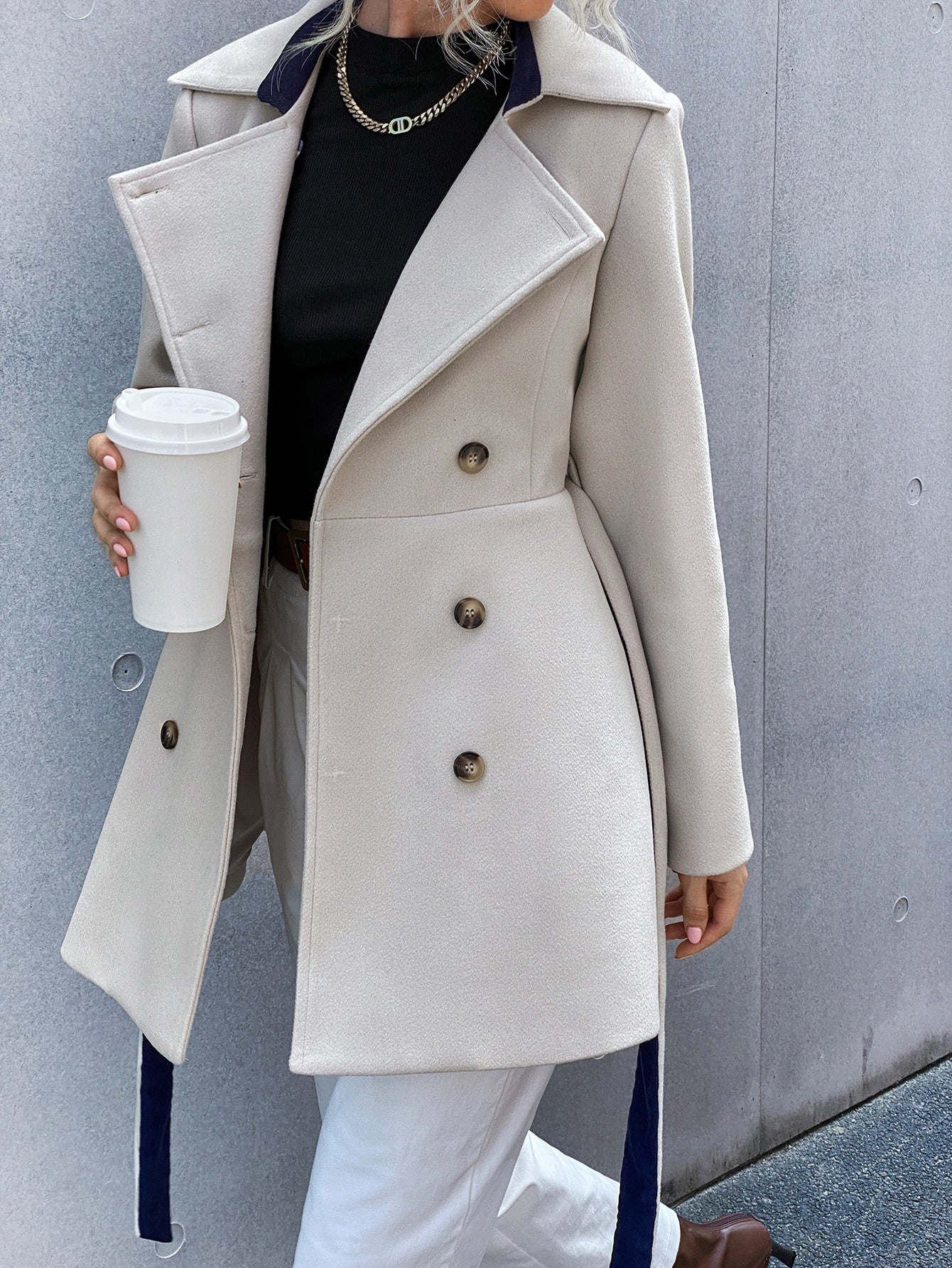 Double Breasted Lapel Neck Belted Overcoat