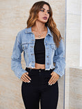 Flap Pocket Ripped Raw Hem Denim Jacket