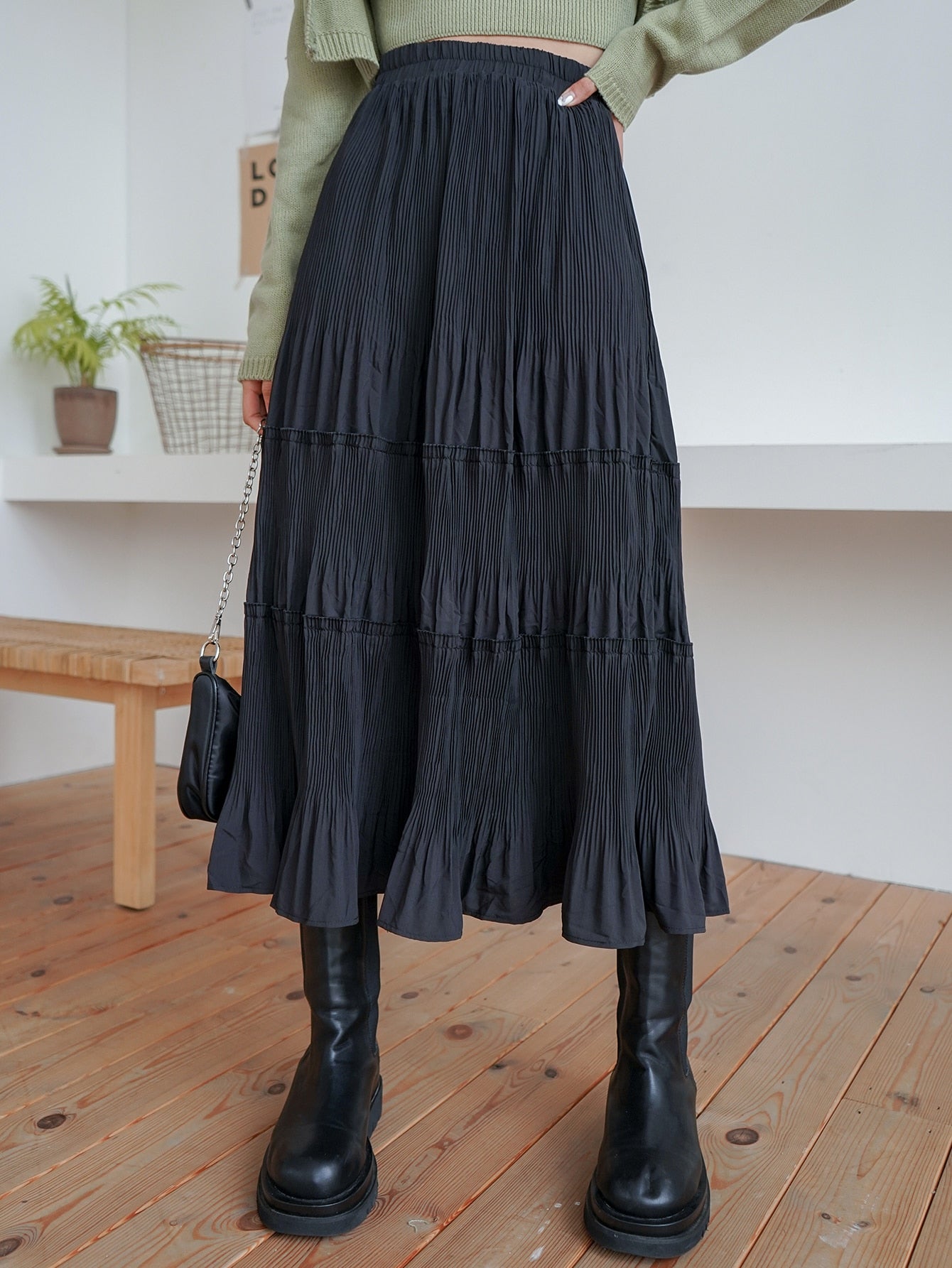 High Waist Plisse Ruffle Hem Skirt