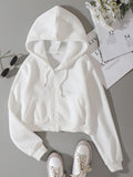 Solid Drawstring Zip Up Crop Thermal Hoodie