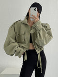 Flap Pocket Drop Shoulder Drawstring Hem Jacket