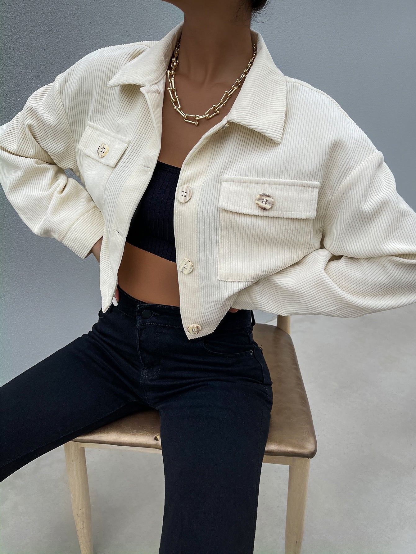 Flap Pocket Drop Shoulder Cord Jacket