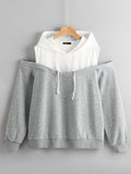 Plus Two Tone Cold Shoulder Drawstring 2 In 1 Hoodie
