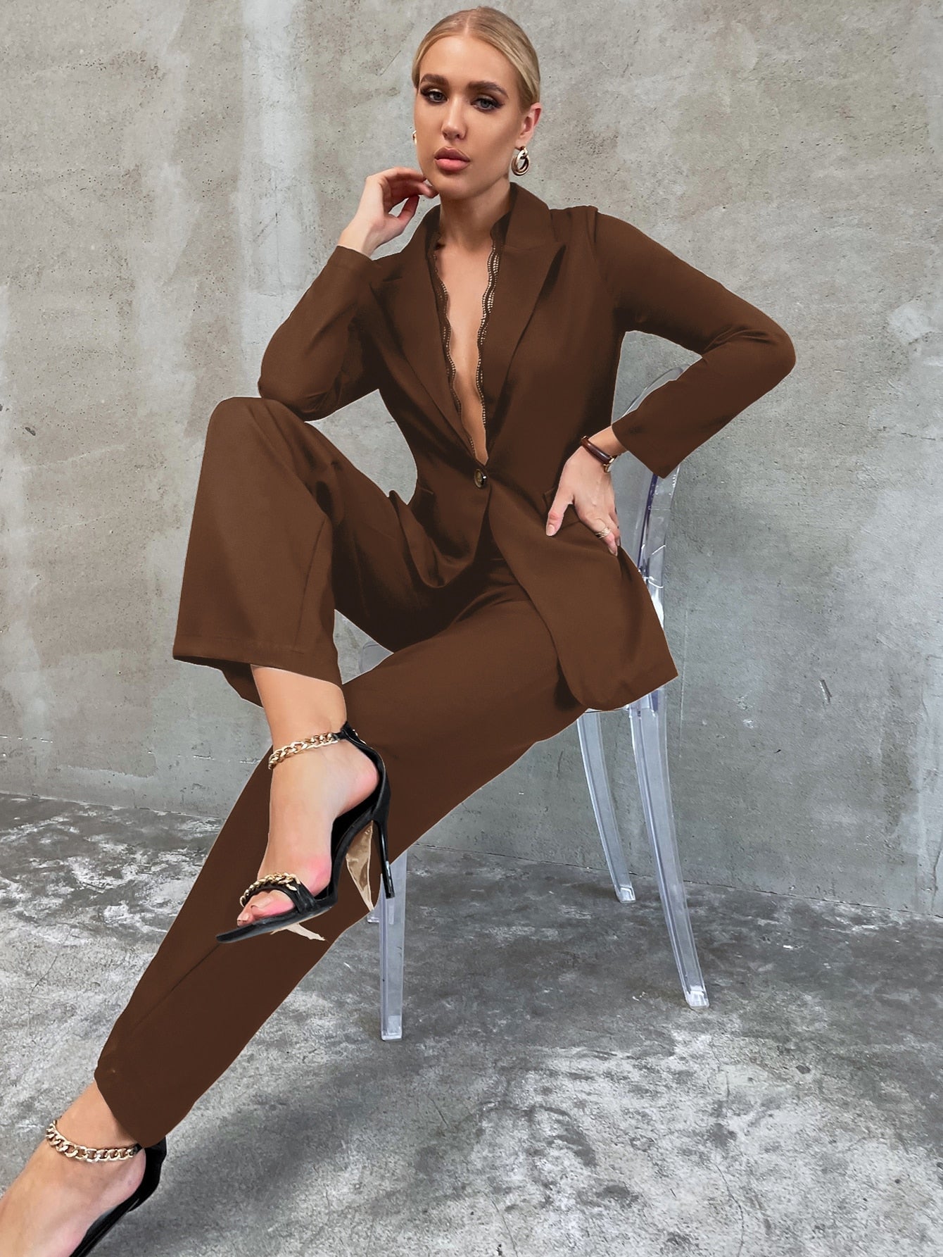 Lace Insert Single Button Blazer With Tailored Pants