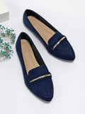 Metallic Decor Suedette Loafers, Blue Elegant Solid Color Loafers Made Of Pure Metal