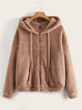 Drop Shoulder Drawstring Hooded Teddy Jacket