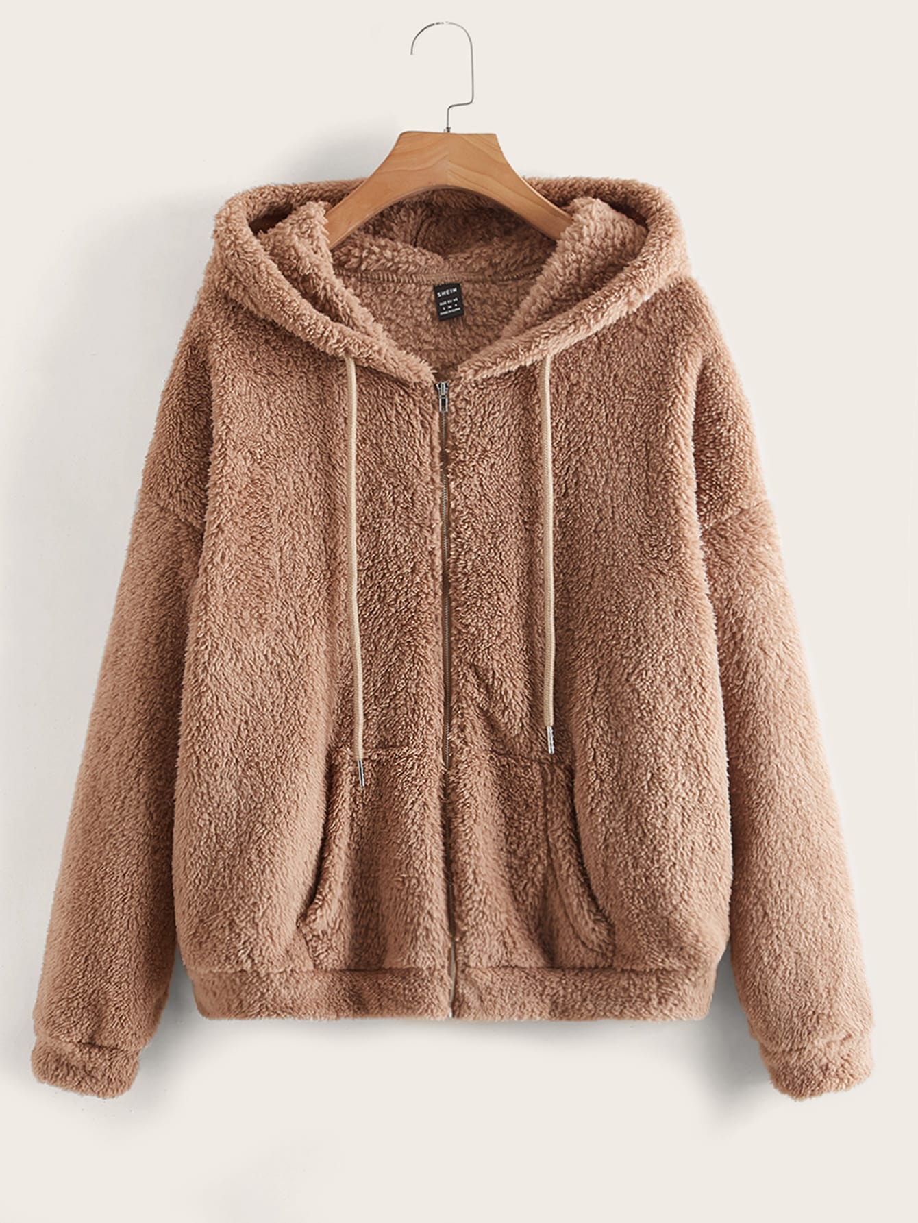 Drop Shoulder Drawstring Hooded Teddy Jacket