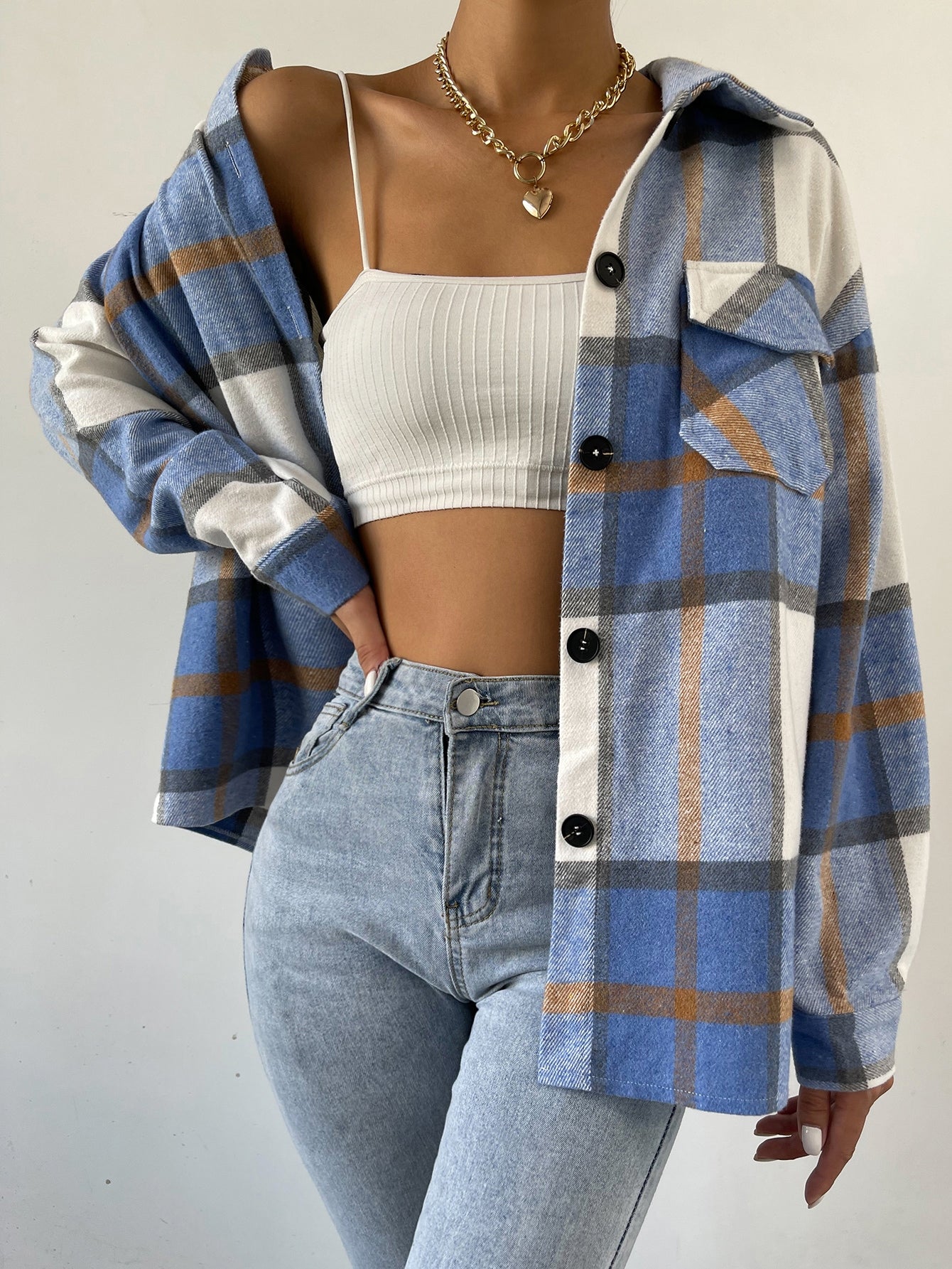 Plaid Flap Pocket Drop Shoulder Coat