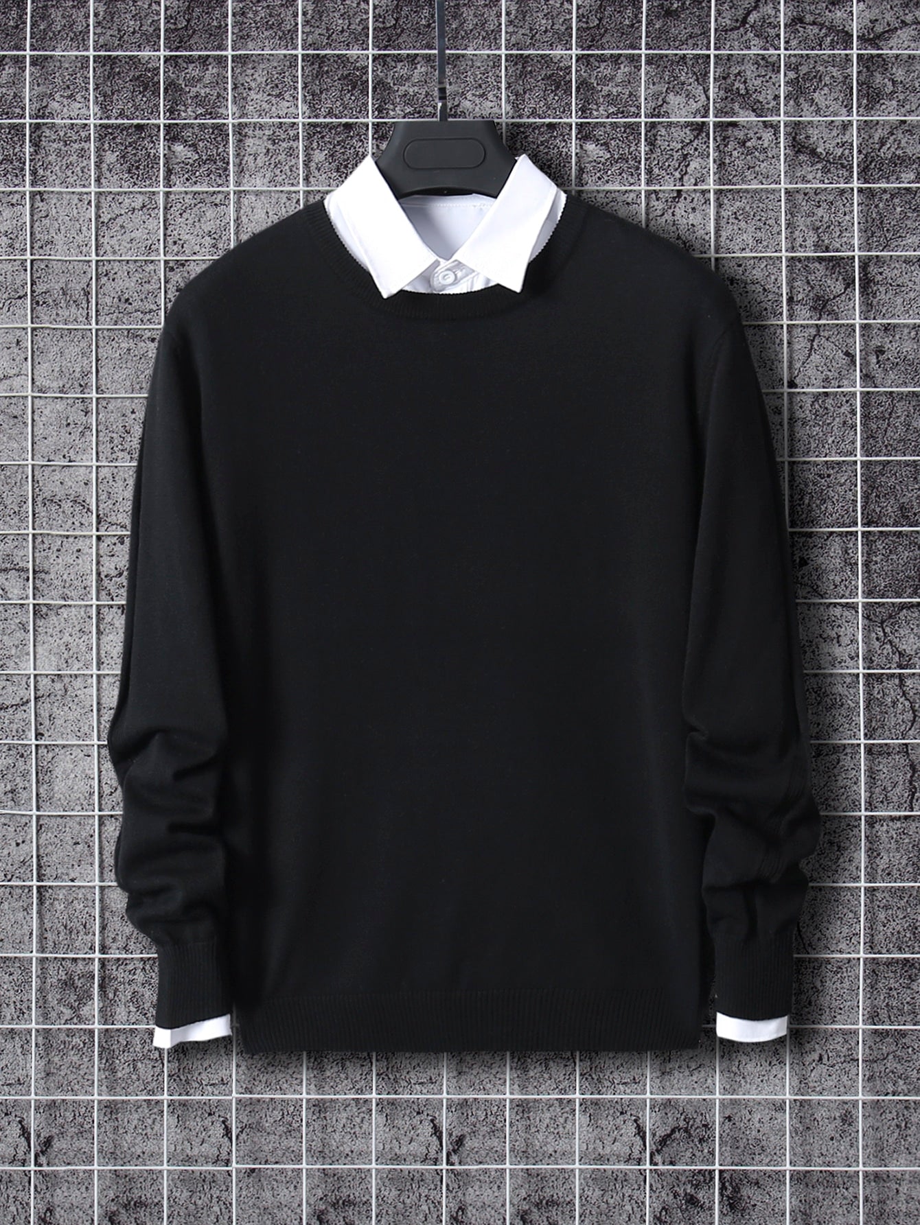 Men Solid Ribbed Knit Sweater Without Shirt, Round Neck Long Sleeve Pullover Plain Black Office Basic Sweater For Boyfriend Gift