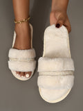 Women's Beige Fashionable Rhinestone Pu Bedroom Slippers, With Rhinestone Decor, Plush Lining