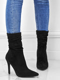 Women's Black Solid Color Elastic Ankle Boots, Faux Suede, Stiletto Heel, Side Zipper And Wrinkled Design