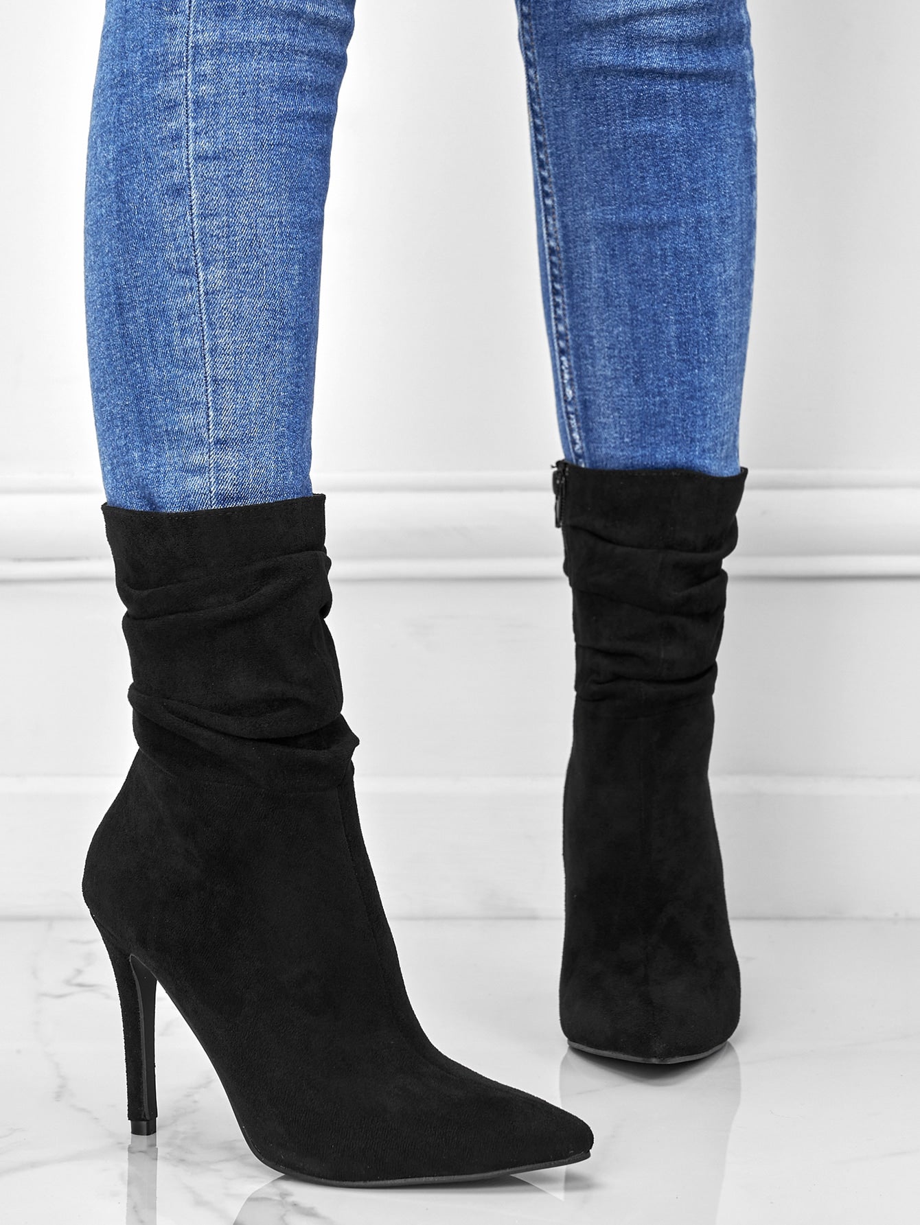 Women's Black Solid Color Elastic Ankle Boots, Faux Suede, Stiletto Heel, Side Zipper And Wrinkled Design