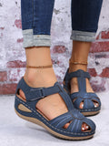 Women's Blue Stylish Peep Toe Hollow Out Single Tone Wedge Heel Sandals With Minimalist Ankle Strap, Summer