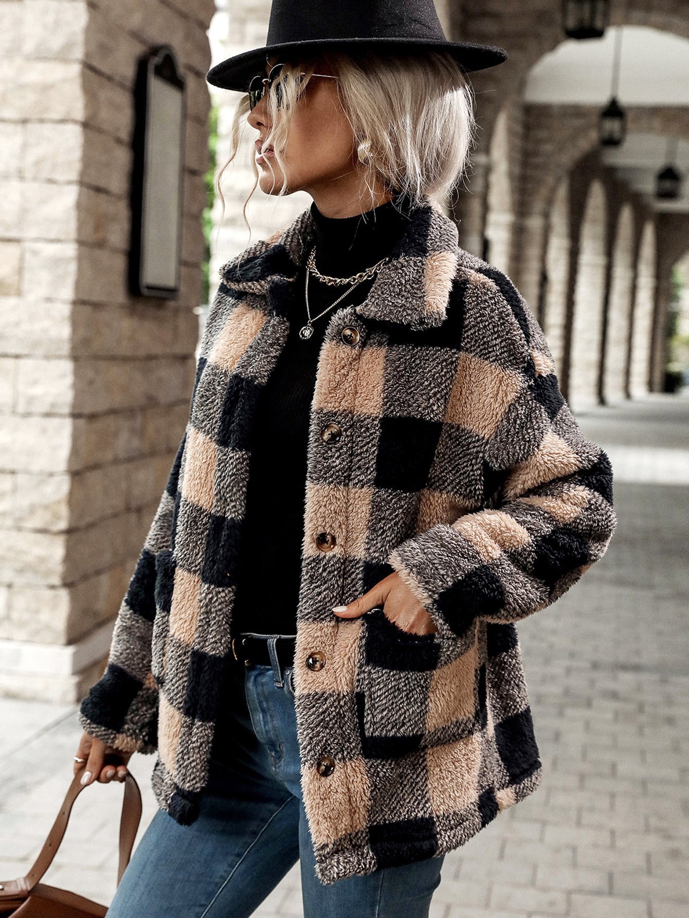 Buffalo Plaid Pattern Dual Pocket Drop Shoulder Flannel Coat