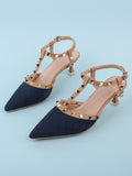 Women's Dark Blue Punk Style Ankle Strap Stiletto High Heels For Decoration With Rivets And Pyramid Metal Toe Cap